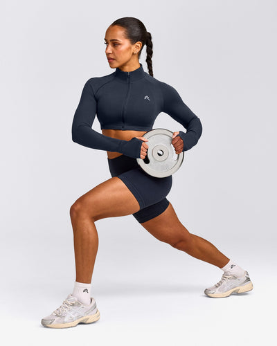 EnhanceLift™ Seamless Crop Jacket with Gray Logo | True Blue