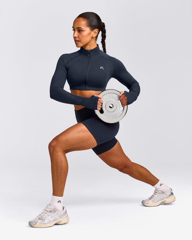 EnhanceLift™ Seamless Crop Jacket with Gray Logo | True Blue