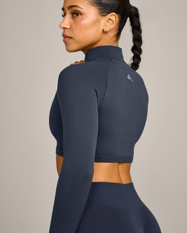 EnhanceLift™ Seamless Crop Jacket with Gray Logo | True Blue