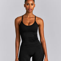 EnhanceLift™ Seamless Strappy Racer Tank Top with Built in Bra New Branding | Black