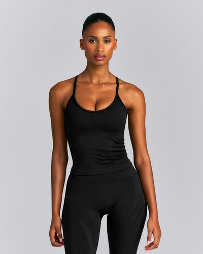 EnhanceLift™ Seamless Strappy Racer Tank Top with Built in Bra New Branding | Black