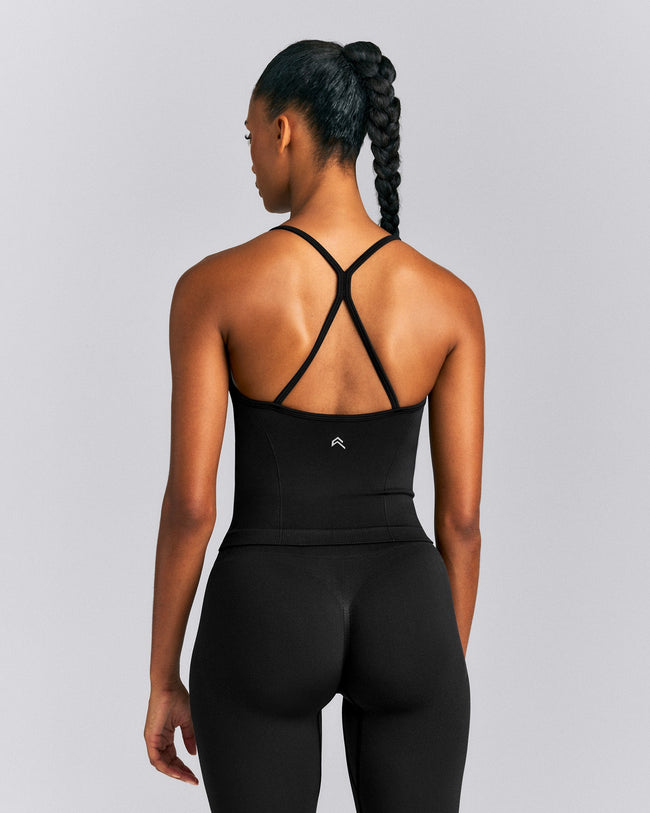 EnhanceLift™ Seamless Strappy Racer Tank Top with Built in Bra New Branding | Black