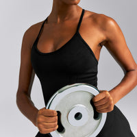 EnhanceLift™ Seamless Strappy Racer Tank Top with Built in Bra New Branding | Black