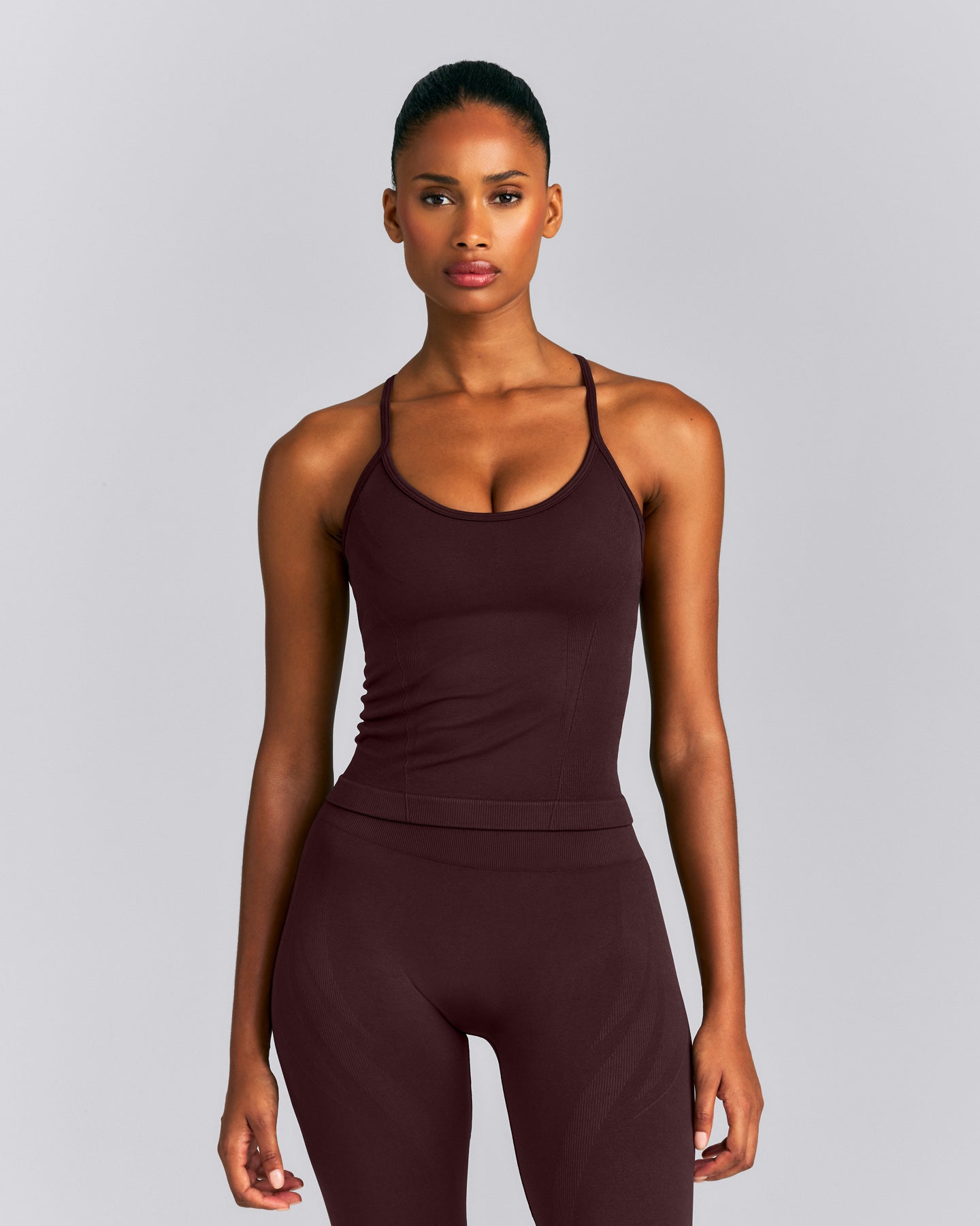 EnhanceLift™ Seamless Strappy Racer Tank Top with Built in Bra New Branding | Plum Brown