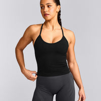 EnhanceLift™ Seamless Strappy Racer Tank Top with Built in Bra Shelf with Gray Logo | Black