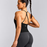 EnhanceLift™ Seamless Strappy Racer Tank Top with Built in Bra Shelf with Gray Logo | Black