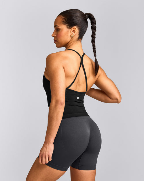 EnhanceLift™ Seamless Strappy Racer Tank Top with Built in Bra Shelf | Black
