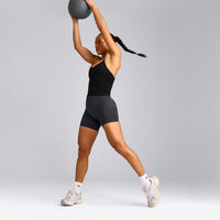 EnhanceLift™ Seamless Strappy Racer Tank Top with Built in Bra Shelf with Gray Logo | Black