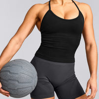 EnhanceLift™ Seamless Strappy Racer Tank Top with Built in Bra Shelf with Gray Logo | Black