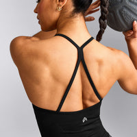 EnhanceLift™ Seamless Strappy Racer Tank Top with Built in Bra Shelf with Gray Logo | Black