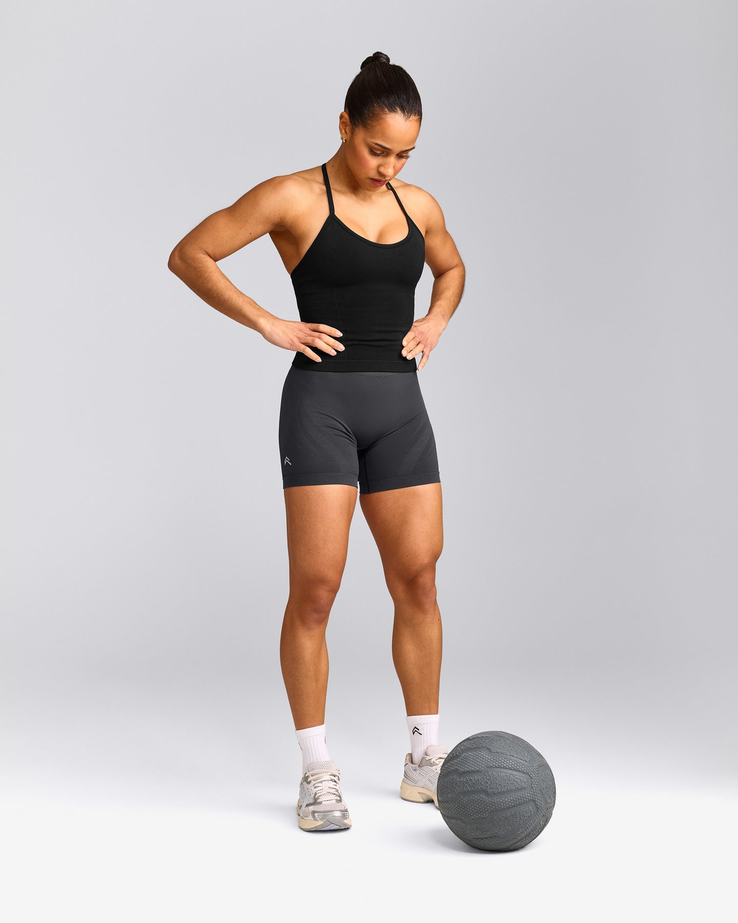 EnhanceLift™ Seamless Strappy Racer Tank Top with Built in Bra Shelf with Gray Logo | Black