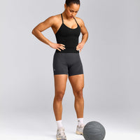 EnhanceLift™ Seamless Strappy Racer Tank Top with Built in Bra Shelf with Gray Logo | Black
