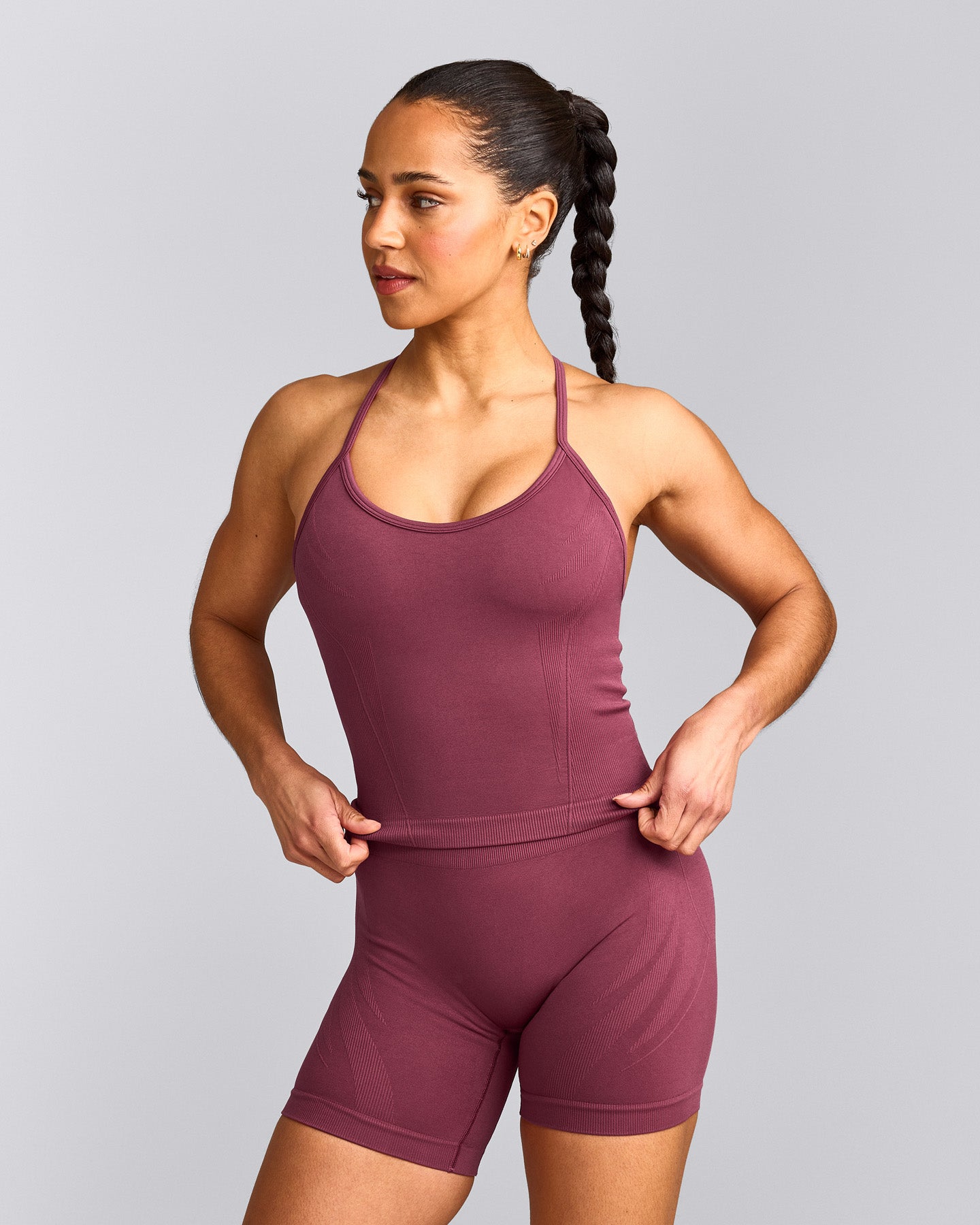 EnhanceLift™ Seamless Strappy Racer Tank Top with Built in Bra Shelf with Gray Logo | Burnt Maroon