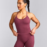 EnhanceLift™ Seamless Strappy Racer Tank Top with Built in Bra Shelf with Gray Logo | Burnt Maroon