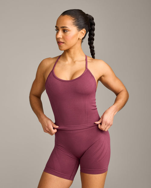 EnhanceLift™ Seamless Strappy Racer Tank Top with Built in Bra Shelf with Gray Logo | Burnt Maroon