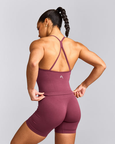 EnhanceLift™ Seamless Strappy Racer Tank Top with Built in Bra Shelf with Gray Logo | Burnt Maroon
