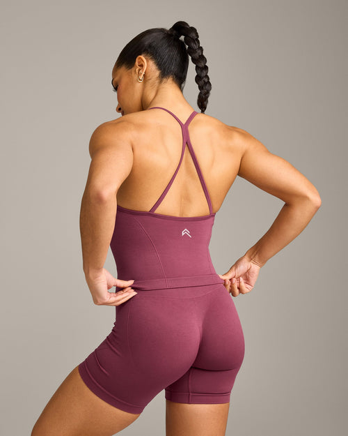 EnhanceLift™ Seamless Strappy Racer Tank Top with Built in Bra Shelf with Gray Logo | Burnt Maroon