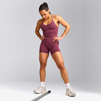 EnhanceLift™ Seamless Strappy Racer Tank Top with Built in Bra Shelf with Gray Logo | Burnt Maroon