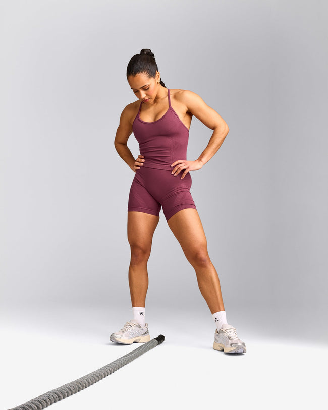 EnhanceLift™ Seamless Strappy Racer Tank Top with Built in Bra Shelf with Gray Logo | Burnt Maroon