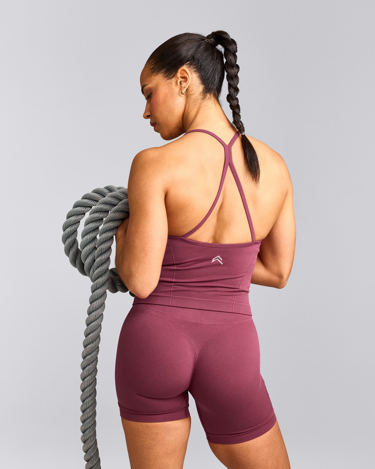 EnhanceLift™ Seamless Strappy Racer Tank Top with Built in Bra Shelf with Gray Logo | Burnt Maroon