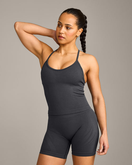 EnhanceLift™ Seamless Strappy Racer Tank Top with Built in Bra Shelf with Gray Logo | Coal