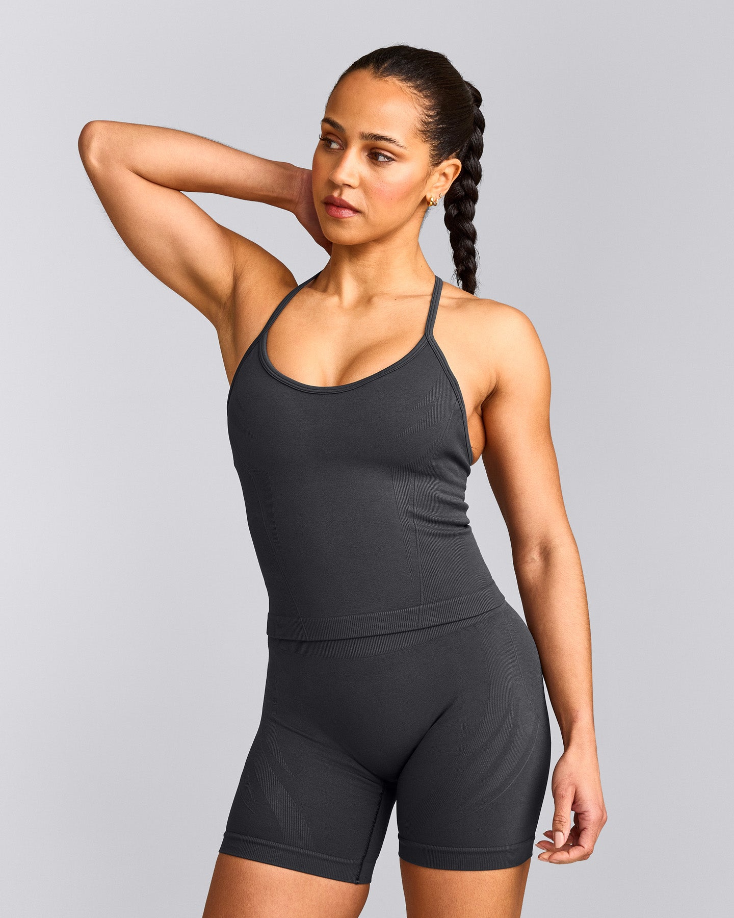 EnhanceLift™ Seamless Strappy Racer Tank Top with Built in Bra Shelf with Gray Logo | Coal