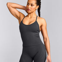EnhanceLift™ Seamless Strappy Racer Tank Top with Built in Bra Shelf with Gray Logo | Coal