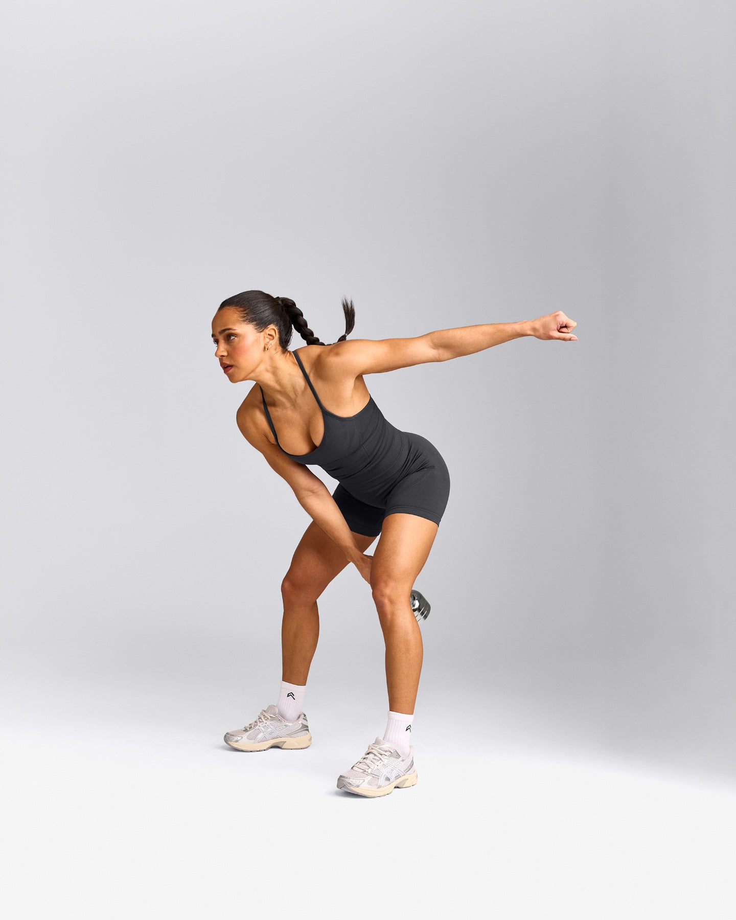 EnhanceLift™ Seamless Strappy Racer Tank Top with Built in Bra Shelf with Gray Logo | Coal