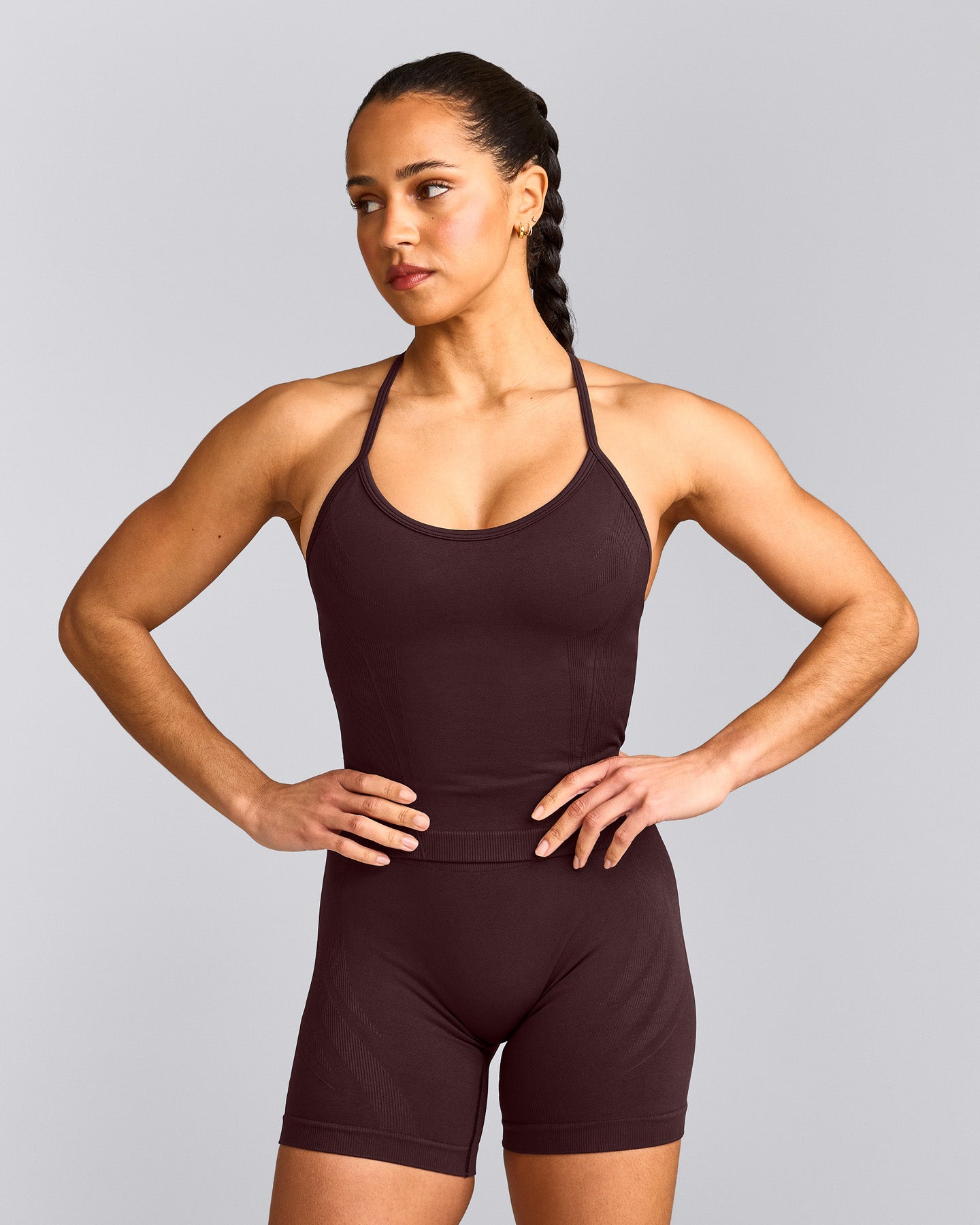 EnhanceLift™ Seamless Strappy Racer Tank Top with Built in Bra Shelf with Gray Logo | Plum Brown