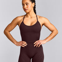 EnhanceLift™ Seamless Strappy Racer Tank Top with Built in Bra Shelf with Gray Logo | Plum Brown
