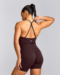 EnhanceLift™ Seamless Strappy Racer Tank Top with Built in Bra Shelf with Gray Logo | Plum Brown