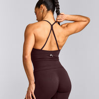 EnhanceLift™ Seamless Strappy Racer Tank Top with Built in Bra Shelf with Gray Logo | Plum Brown