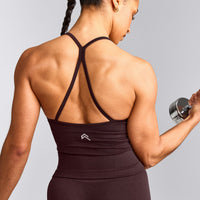 EnhanceLift™ Seamless Strappy Racer Tank Top with Built in Bra Shelf with Gray Logo | Plum Brown