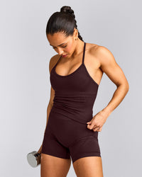 EnhanceLift™ Seamless Strappy Racer Tank Top with Built in Bra Shelf with Gray Logo | Plum Brown