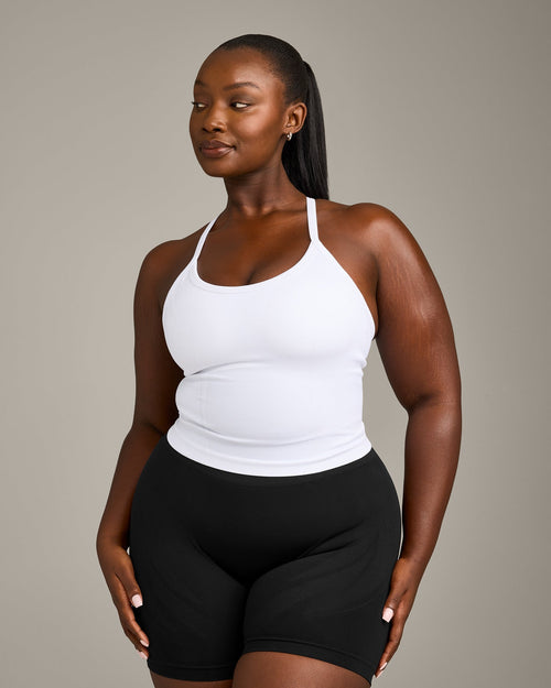 EnhanceLift™ Seamless Strappy Racer Tank Top with Built in Bra Shelf with Gray Logo | White