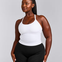 EnhanceLift™ Seamless Strappy Racer Tank Top with Built in Bra Shelf with Gray Logo | White