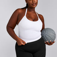 EnhanceLift™ Seamless Strappy Racer Tank Top with Built in Bra Shelf with Gray Logo | White