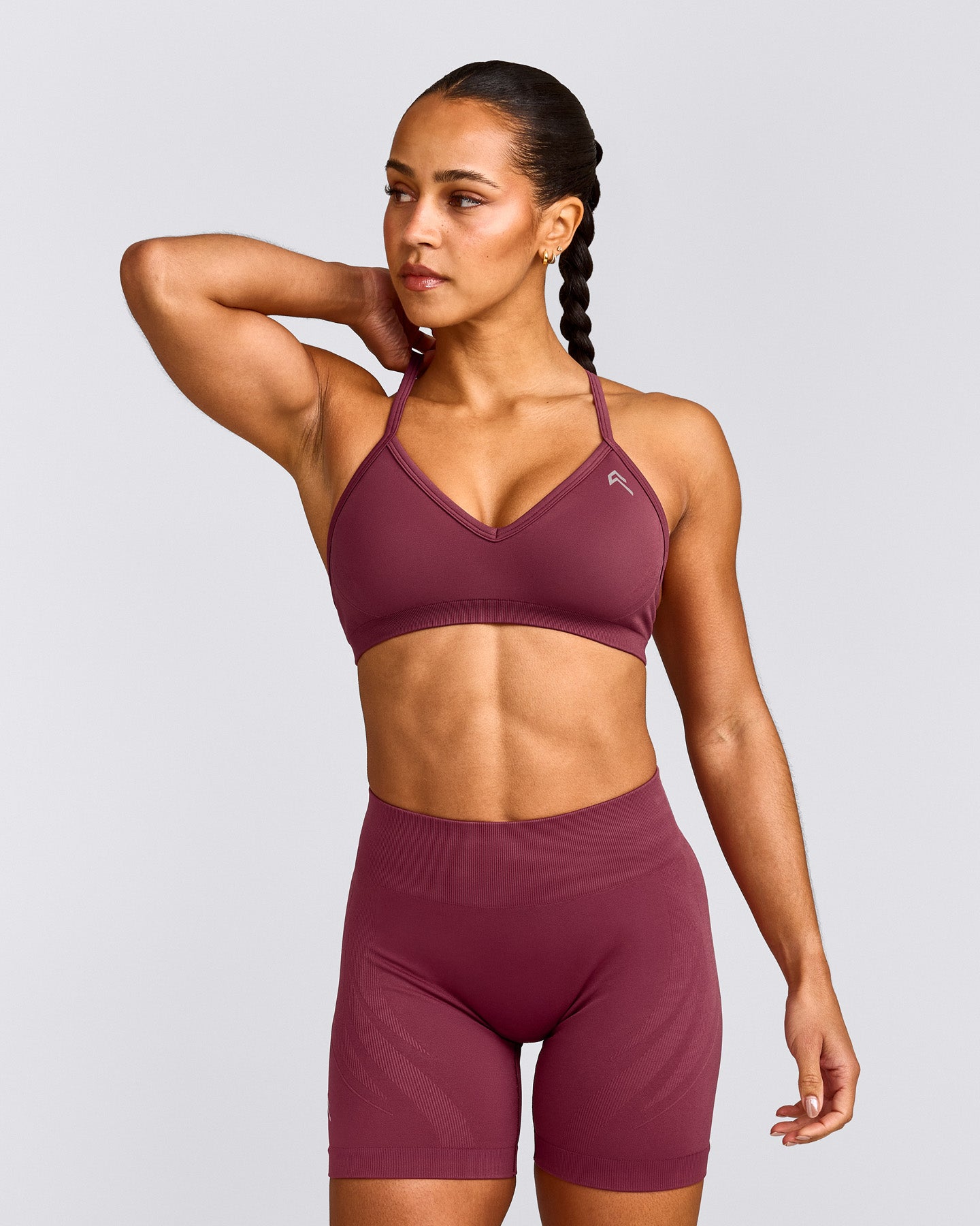 EnhanceLift™ Seamless Strappy Sports Bra with Gray Logo | Burnt Maroon
