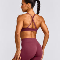 EnhanceLift™ Seamless Strappy Sports Bra with Gray Logo | Burnt Maroon