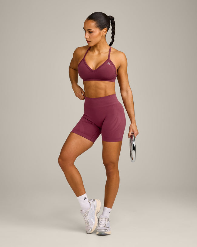 EnhanceLift™ Seamless Strappy Sports Bra with Gray Logo | Burnt Maroon