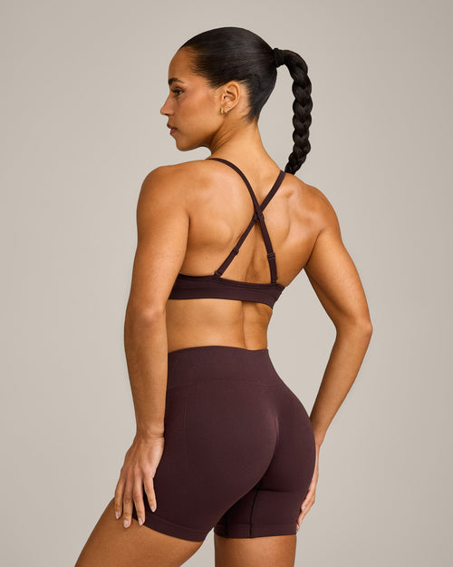 EnhanceLift™ Seamless Strappy Sports Bra with Gray Logo | Plum Brown