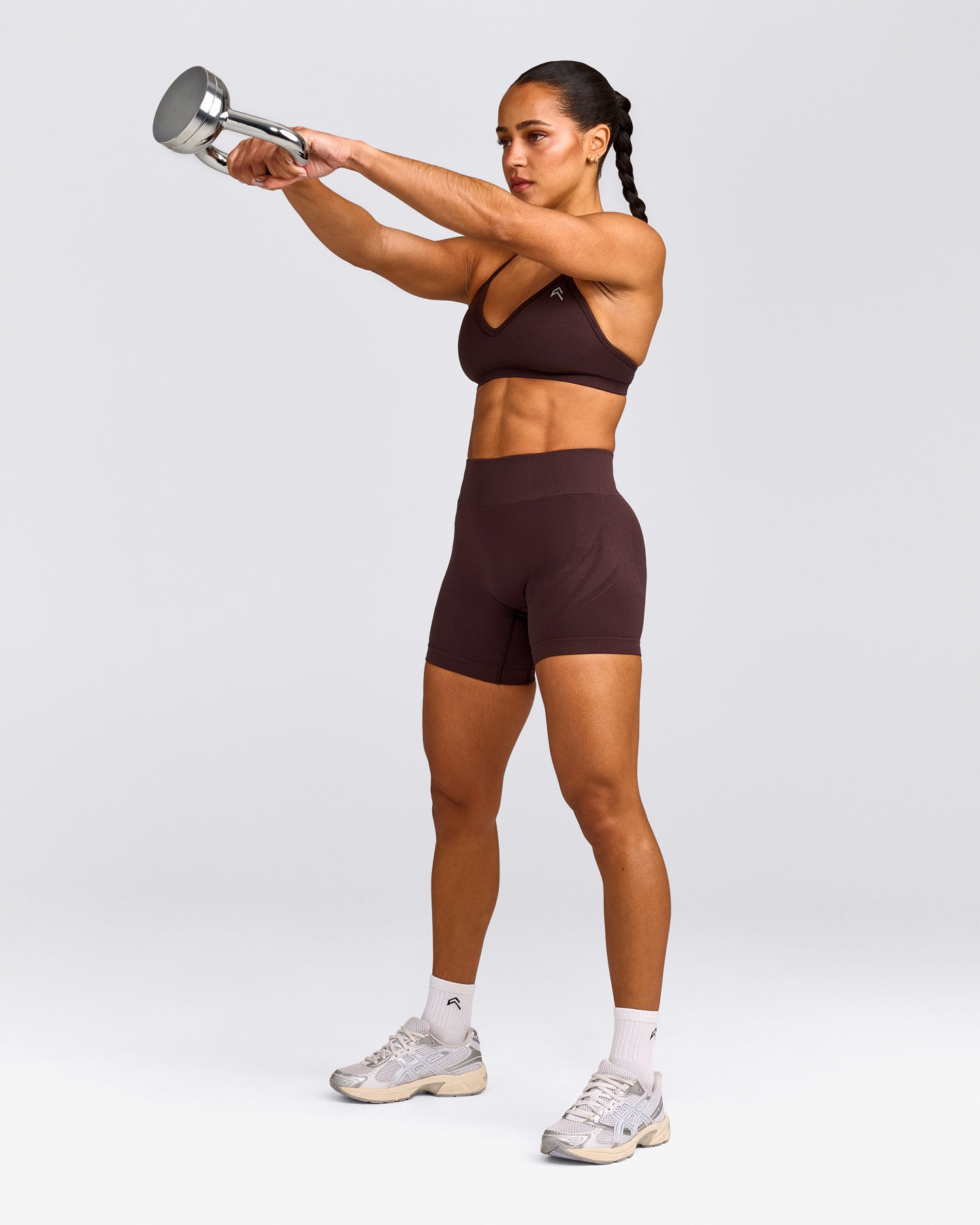 EnhanceLift™ Seamless Strappy Sports Bra with Gray Logo | Plum Brown