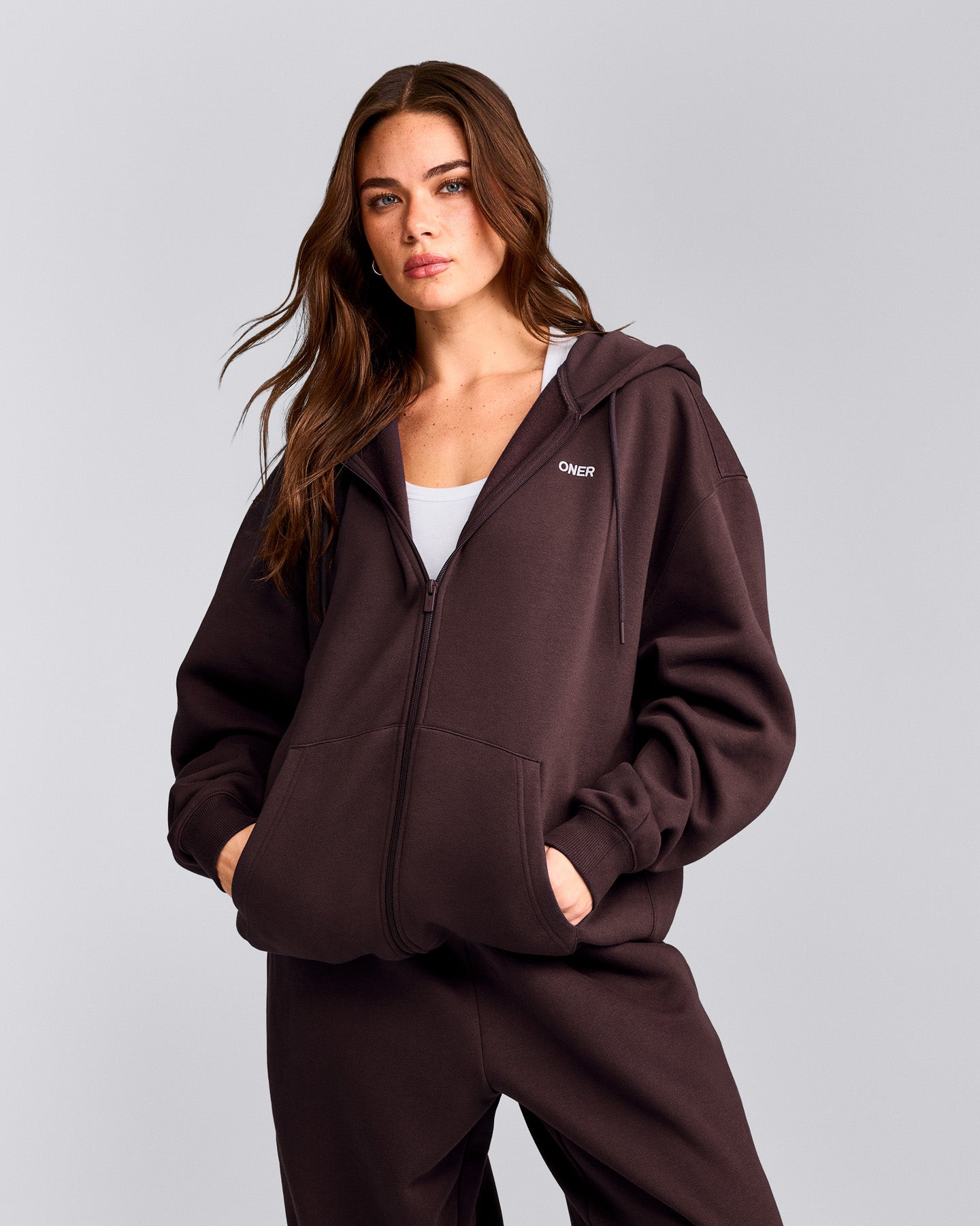 Foundations Cosy Oversized Zip Up Hoodie Plum Brown | Oner Active US