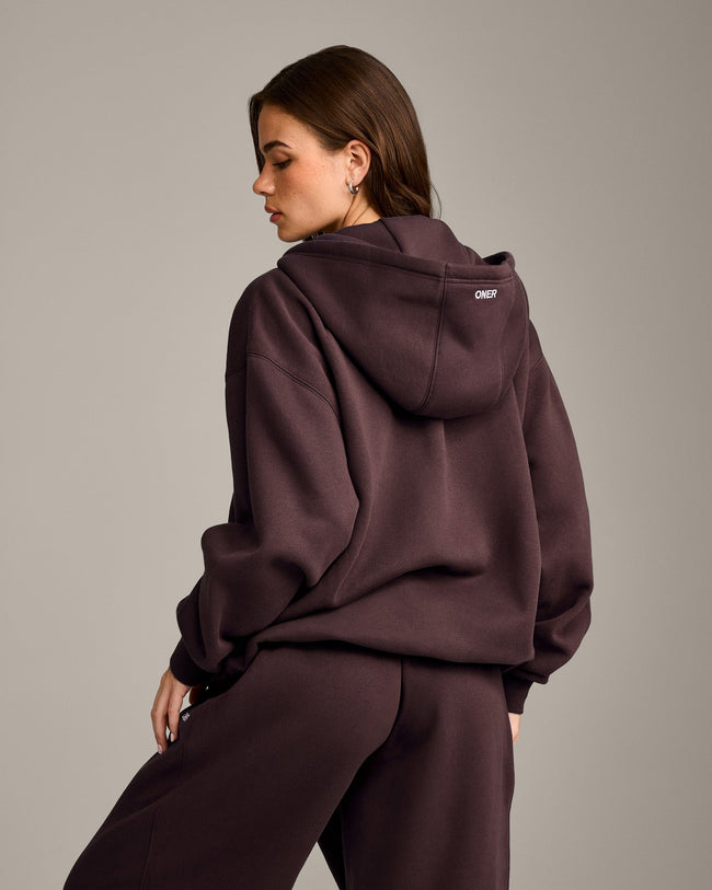 Foundations Cosy Oversized Zip Through Hoodie | Plum Brown