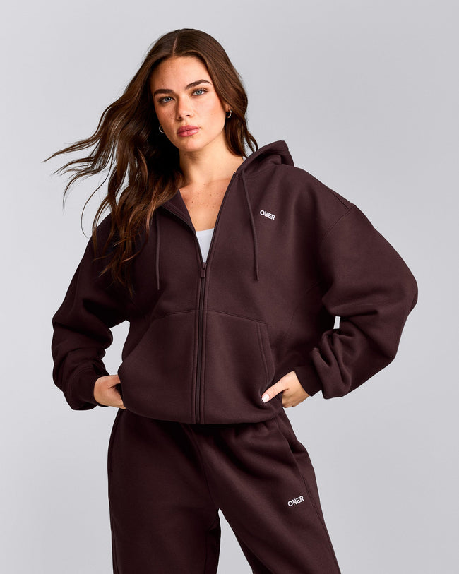 Foundations Cosy Zip Up Hoodie | Plum Brown
