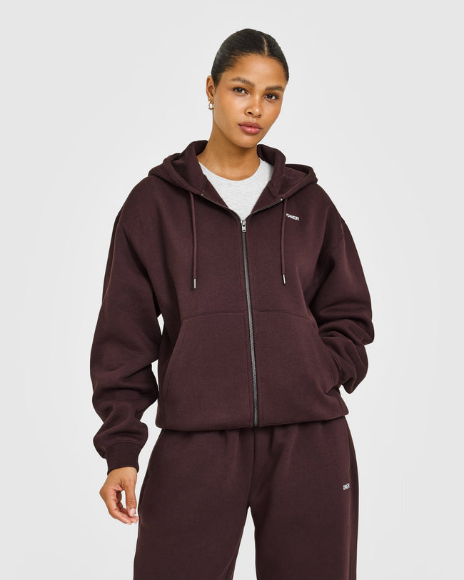 Foundations Zip Through Hoodie with Grey Logo | Plum Brown