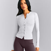 Mellow™ Rib Long Sleeve Cardigan with Embroidered Logo | Light Gray Marl