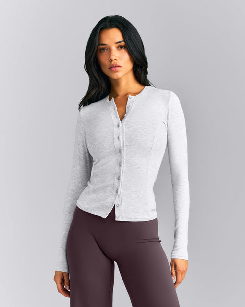 Mellow™ Rib Long Sleeve Cardigan with Embroidered Logo | Light Gray Marl