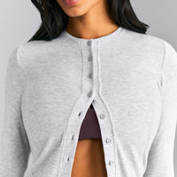 Mellow™ Rib Long Sleeve Cardigan with Embroidered Logo | Light Gray Marl