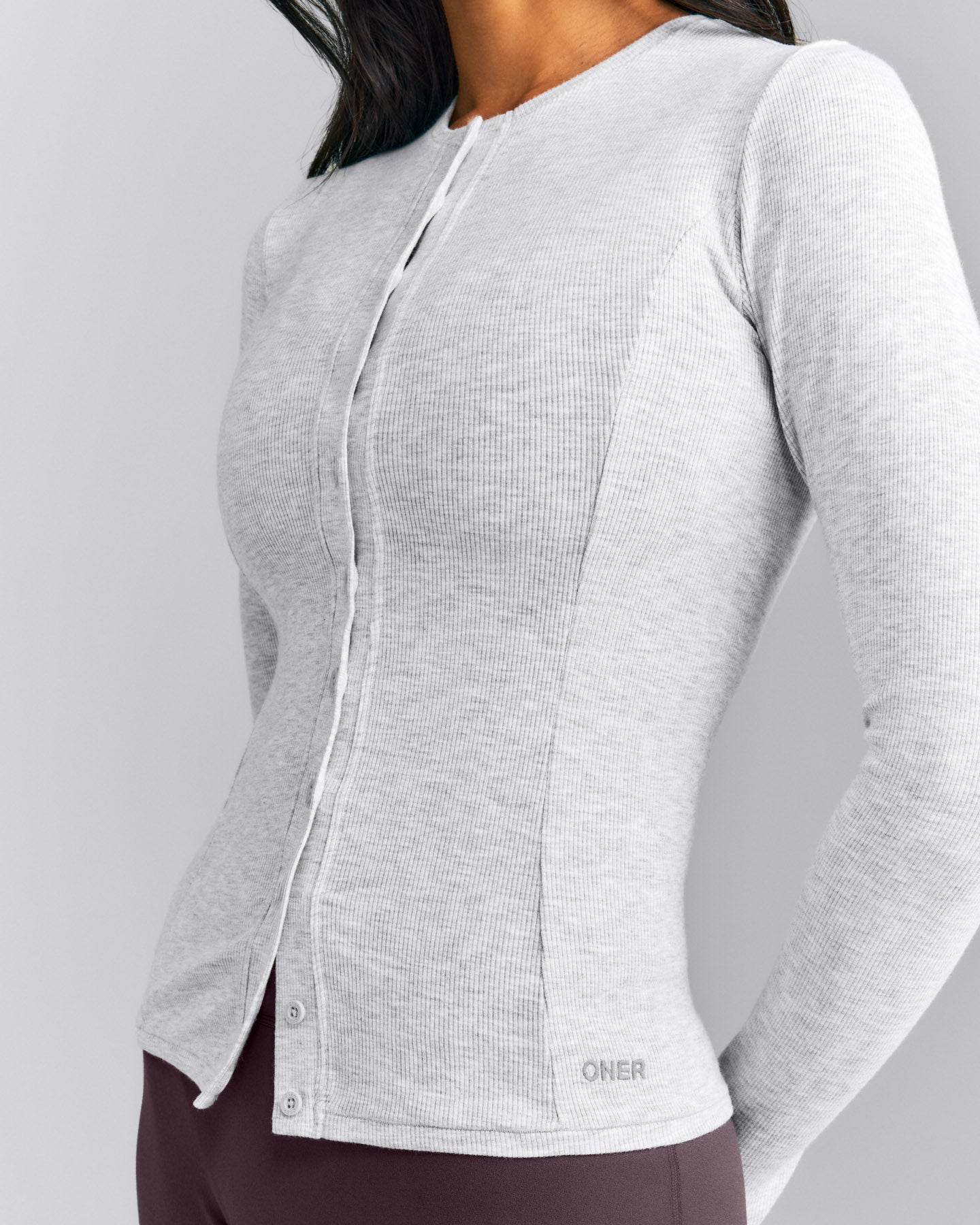 Mellow™ Rib Long Sleeve Cardigan with Embroidered Logo | Light Gray Marl